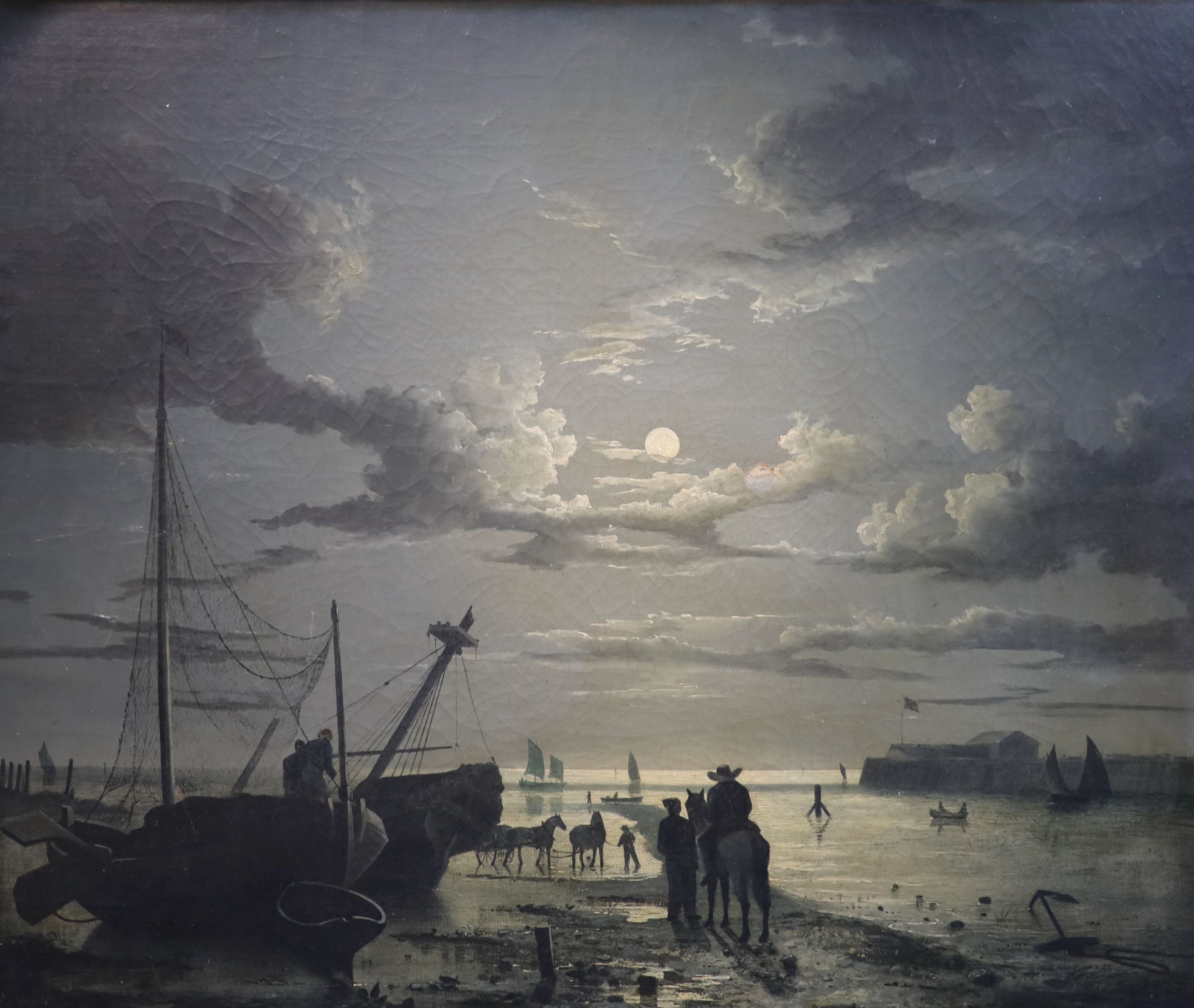 Attributed to Henry Pether (fl.1825-1865), Fisherfolk along the shore at midnight, oil on canvas laid on board, 50 x 60cm